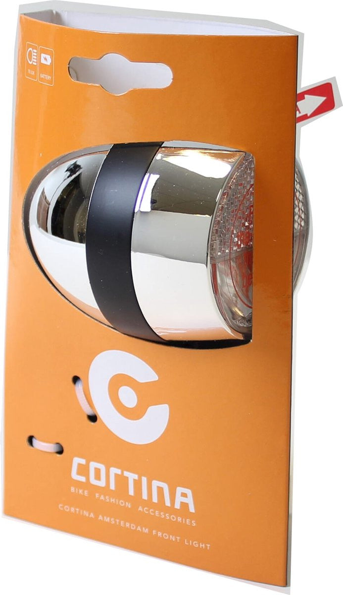 Fiets Cortina koplamp Amsterdam batterij chroom zwart (detail)