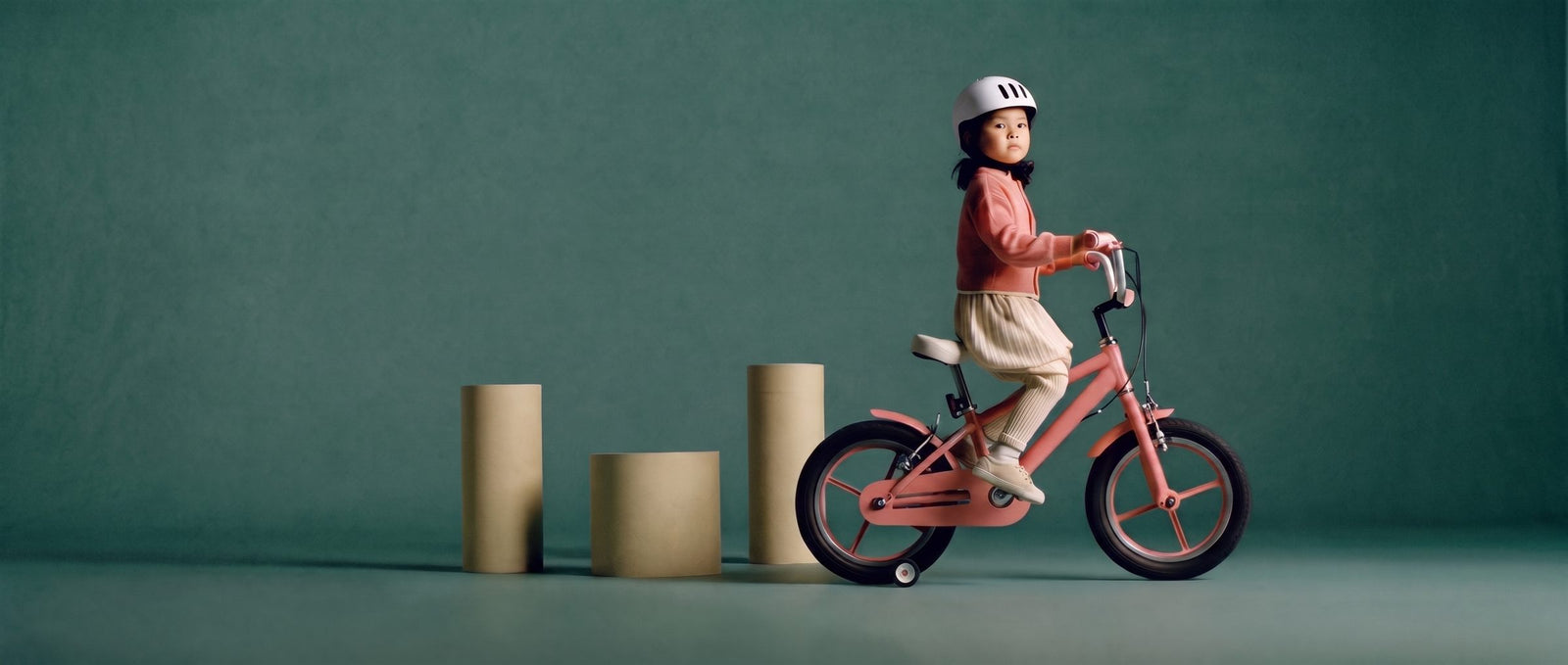 Meisje rijdt op een roze 14 inch kinderfiets in een zeegroene studioset