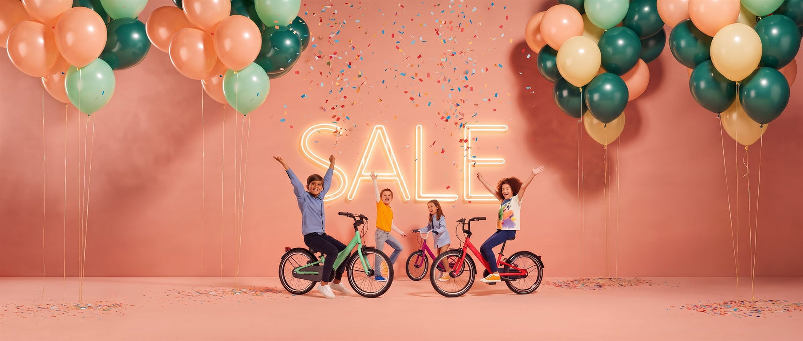 Juichende kinderen met fietsen, ballonnen en confetti voor een lichtgevend sale-bord in een perzikkleurige studioset