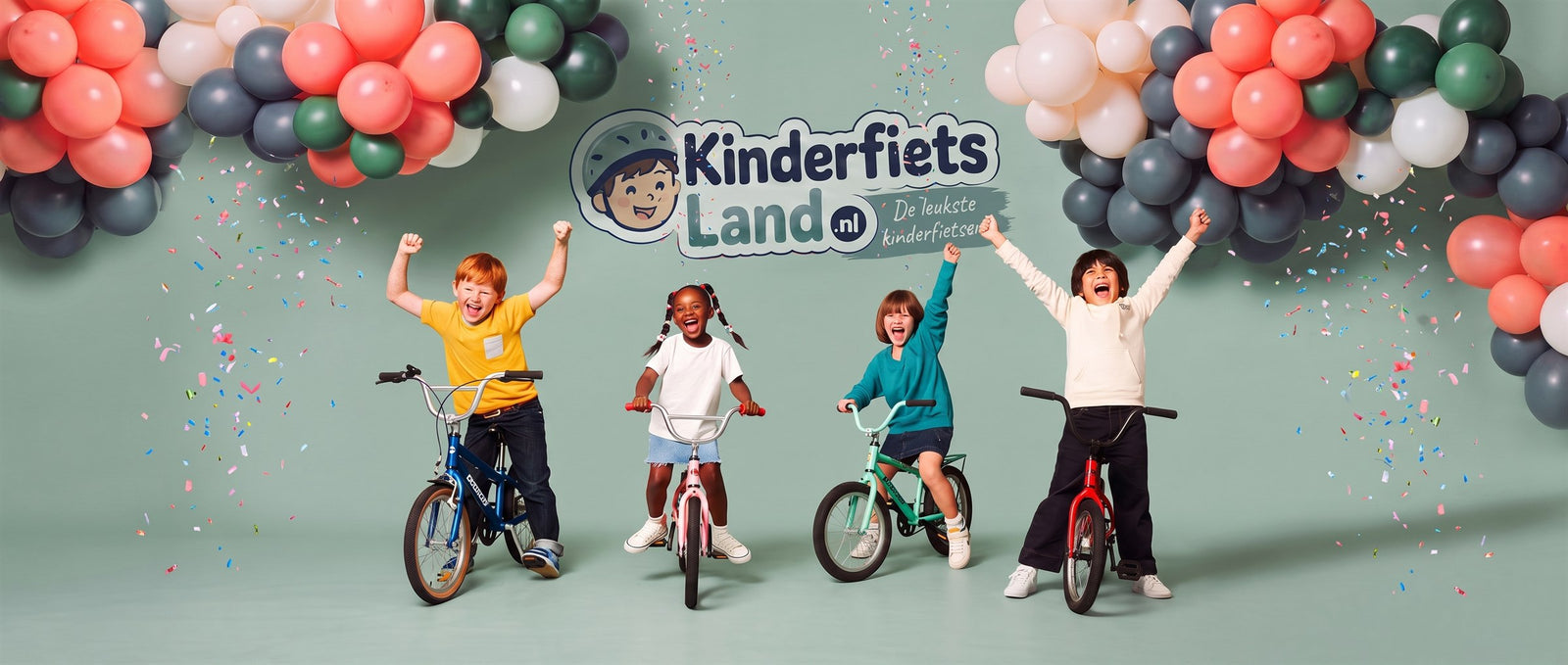 Vier juichende kinderen op hun kinderfiets in een feestelijke studio met ballonnen, confetti en het Kinderfietsland-logo op de wand