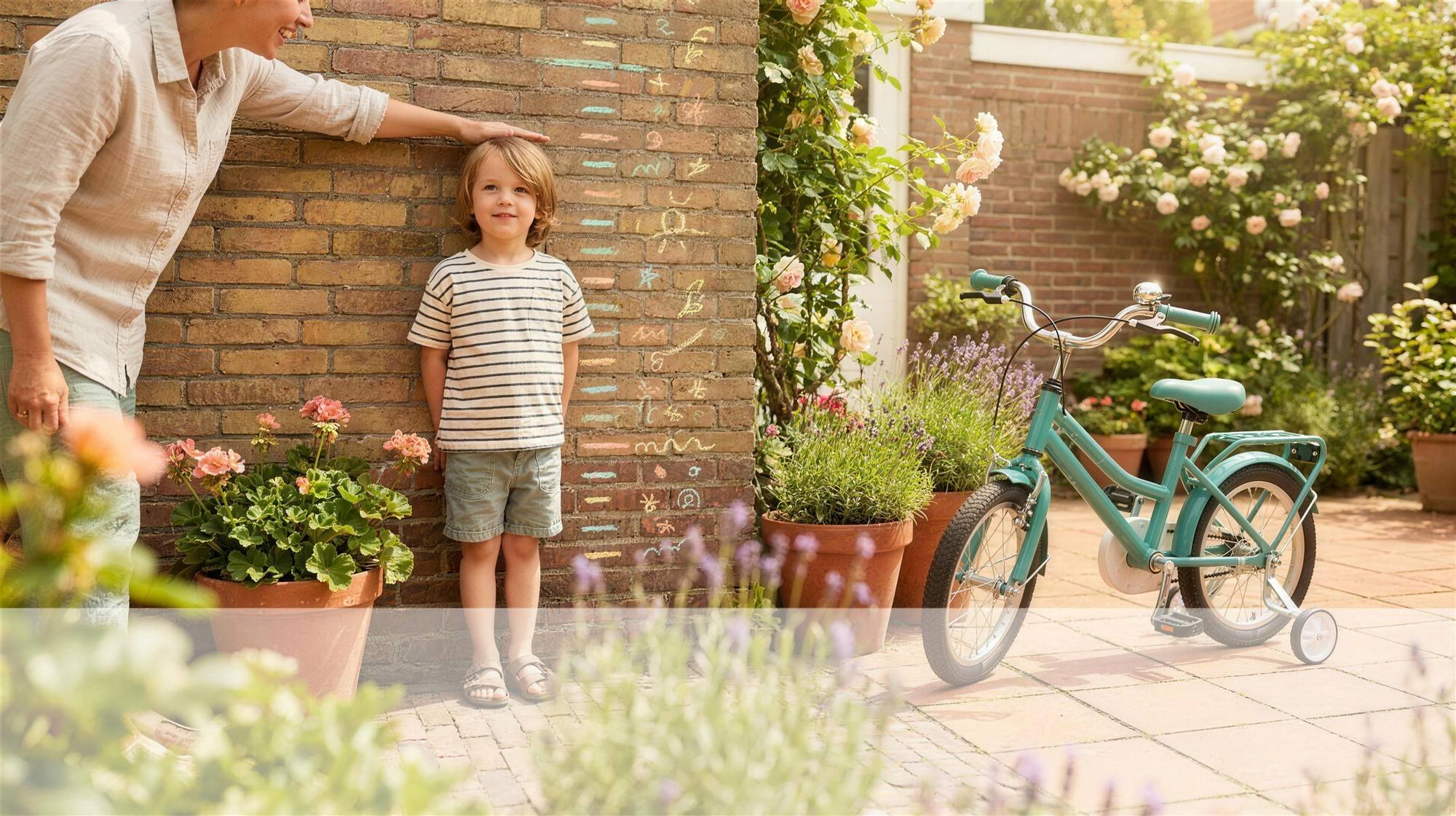 Kind wordt opgemeten bij een stoepkrijt-groeimeter op een muur in de achtertuin