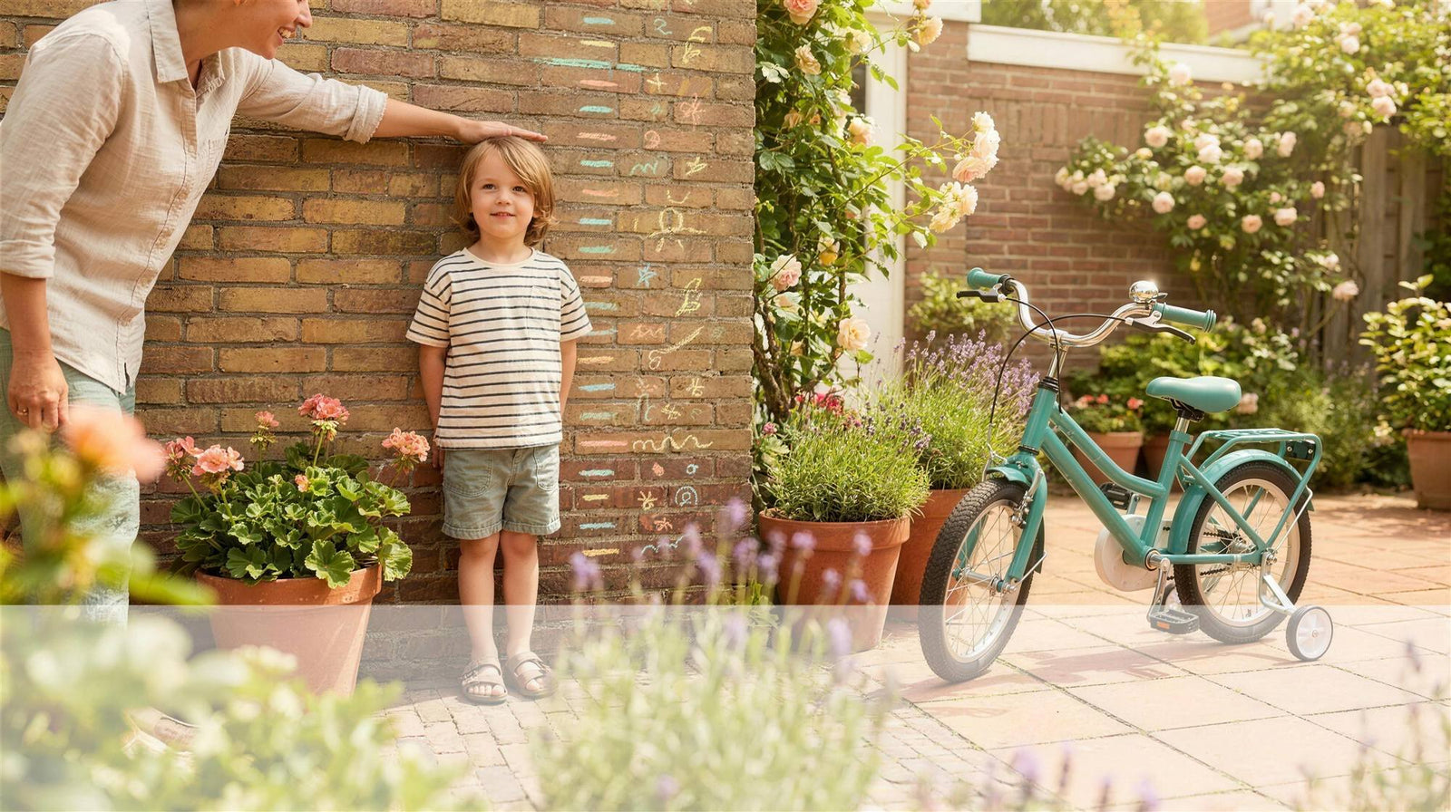 Kind wordt thuis bij de deurpost gemeten, met een zeegroene kinderfiets ernaast