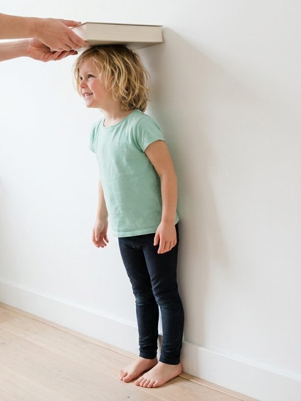 Kind staat zonder schoenen tegen de muur en wordt gemeten met een boek op het hoofd