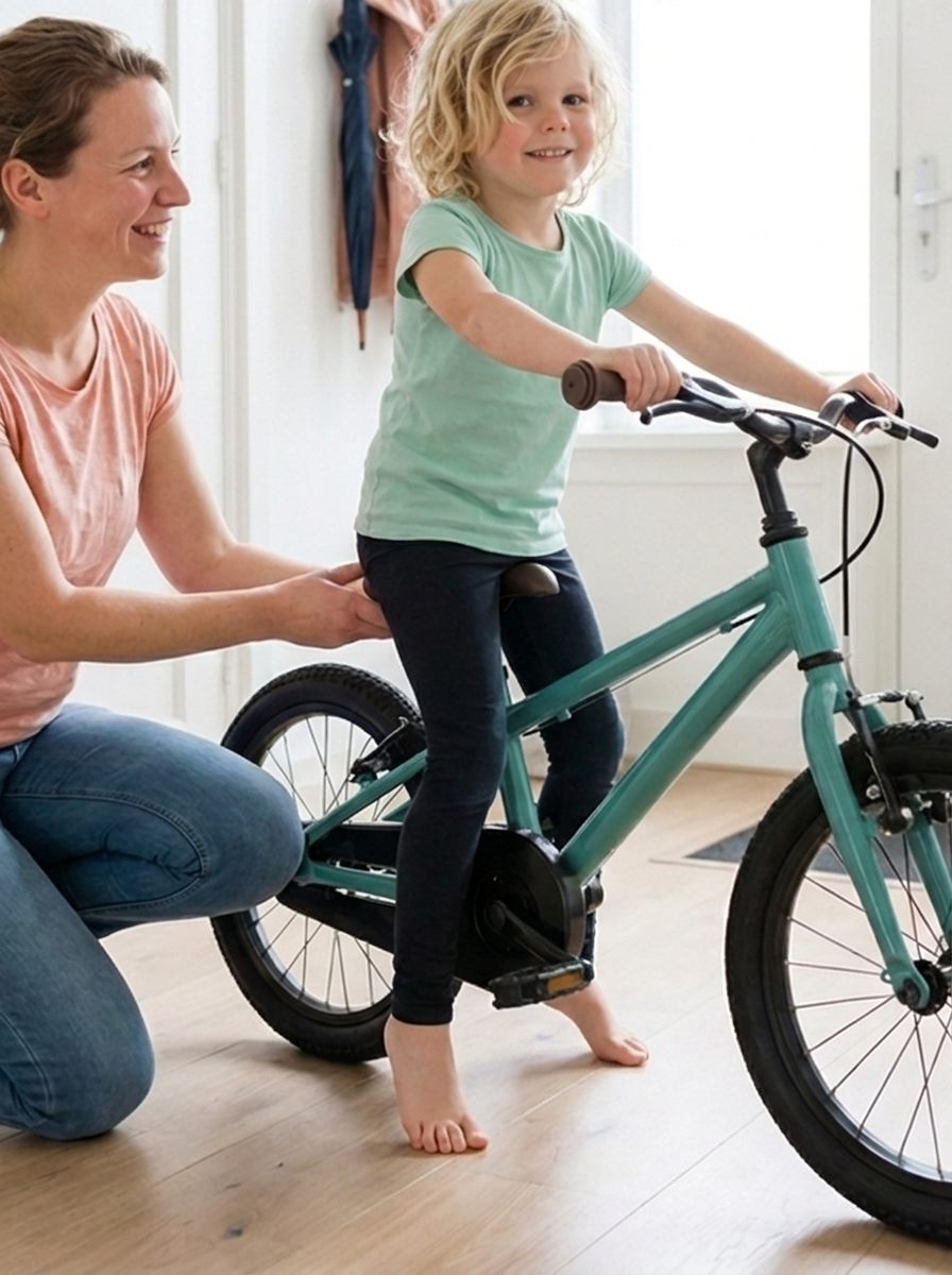 Kind zit op het zadel van een kinderfiets met beide voeten plat op de grond